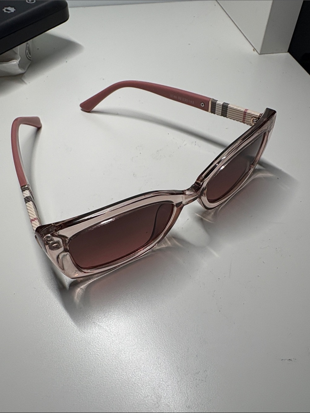 Burberry Pink Rectangular Sunglasses with Signature Plaid Temples